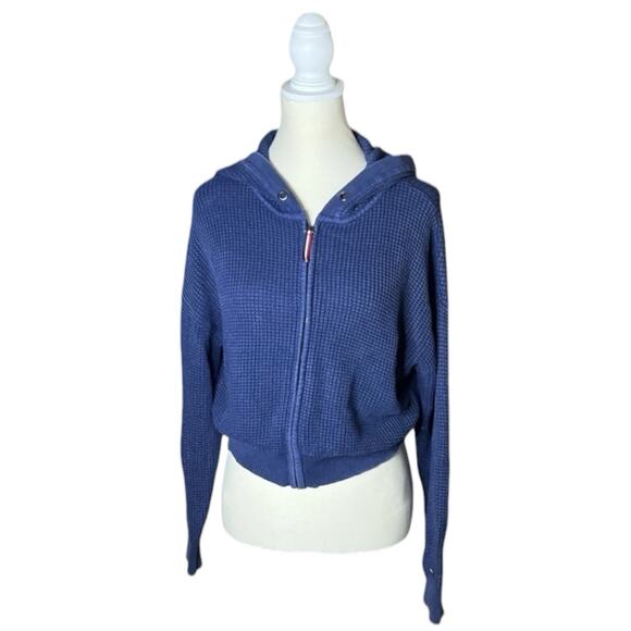 Tommy Jeans Cropped Hoodie Blue Waffle Knit Designer Full Zip Jacket US Size S - Picture 2 of 9